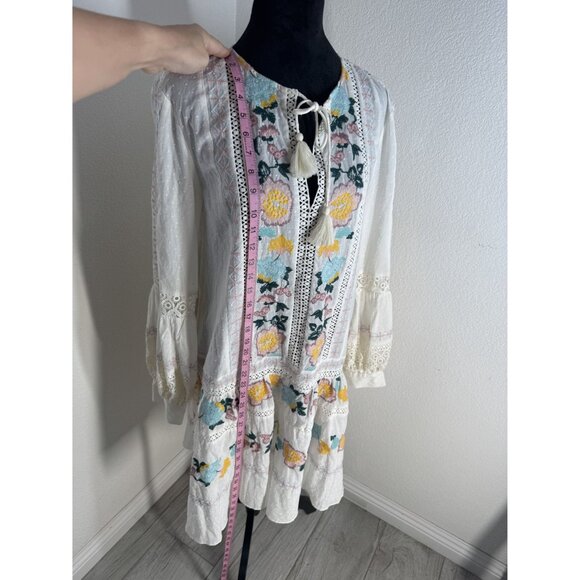 Tory Burch Embroidered Cotton Boho Dress With Tassel Tie & Lace Detail - Picture 6 of 11